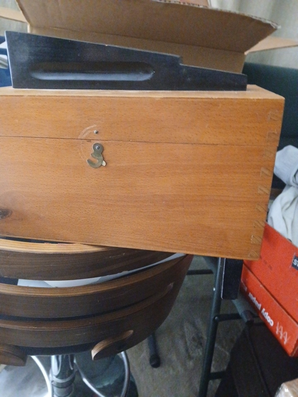 Vintage Wooden Shoe Shine Box with Brass Hook